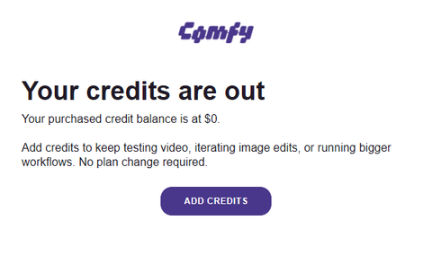 ComfyからのメールでYour credits are outの見出しとADD CREDITSボタン