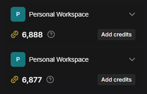 Personal Workspaceの残高表示。上が6,888、下が6,877