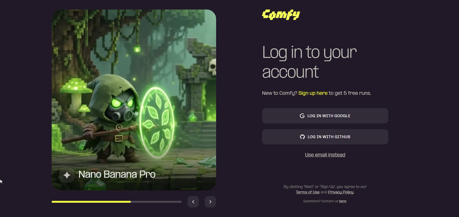 Comfy Cloudのログイン画面。Log in to your accountの下に、New to Comfy? Sign up here to get 5 free runs.と表示されている