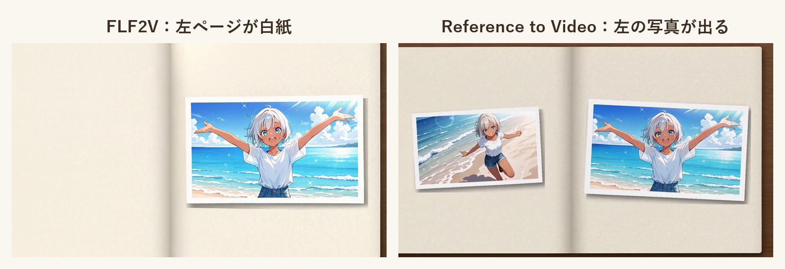 ページめくりの比較。左はFLF2Vで、引いたときに左ページが白紙。右はReference to Videoで、左ページにも浜辺の写真が出ている