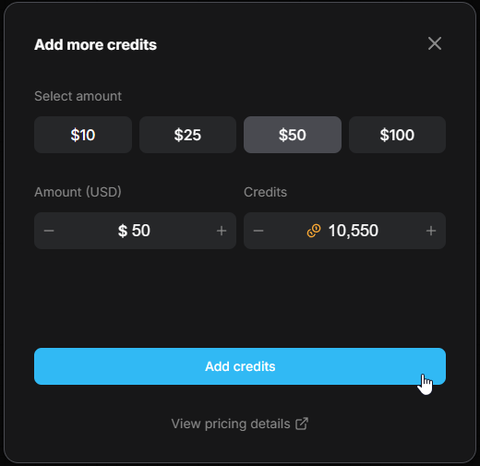 Comfy CloudのAdd more creditsダイアログ。10ドル、25ドル、50ドル、100ドルのボタンがあり、50ドルを選ぶと10,550クレジットと表示されている