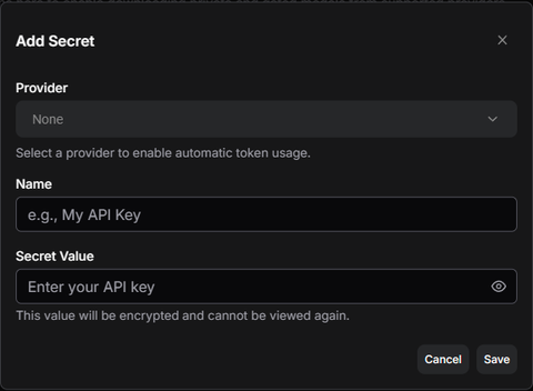 Comfy CloudのAdd Secretダイアログ。Provider、Name、Secret Valueの3つの入力欄があり、This value will be encrypted and cannot be viewed again. と書かれている