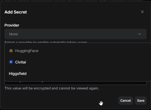 Add SecretダイアログのProviderのプルダウンを開いたところ。HuggingFace、Civitai、Higgsfieldの3つが選べる