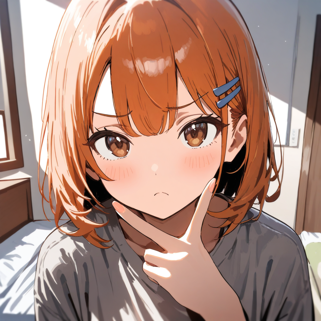 オレンジ色のショートヘアに青いヘアピン、茶色の目の女の子が、グレーのTシャツ姿で頬に指を当ててこちらを見ているアニメ調イラスト