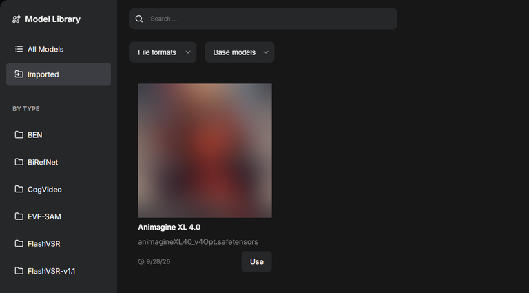 Comfy CloudのModel LibraryでImportedを開いた画面。Animagine XL 4.0 がCHECKPOINTSとSDXL 1.0のラベル付きで1件表示されている