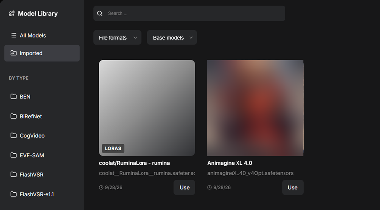 Model LibraryのImported一覧。LORASラベルの coolat/RuminaLora - rumina と、CHECKPOINTSラベルの Animagine XL 4.0 の2件が並んでいる