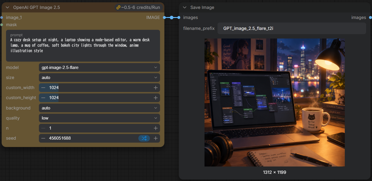 Comfy CloudでOpenAI GPT Image 2.5ノードを実行した画面。ヘッダーに ~0.5-6 credits/Run と表示され、modelはgpt-image-2.5-flare、qualityはlow。右のSave Imageに夜の机とノートパソコンのイラストが出ている