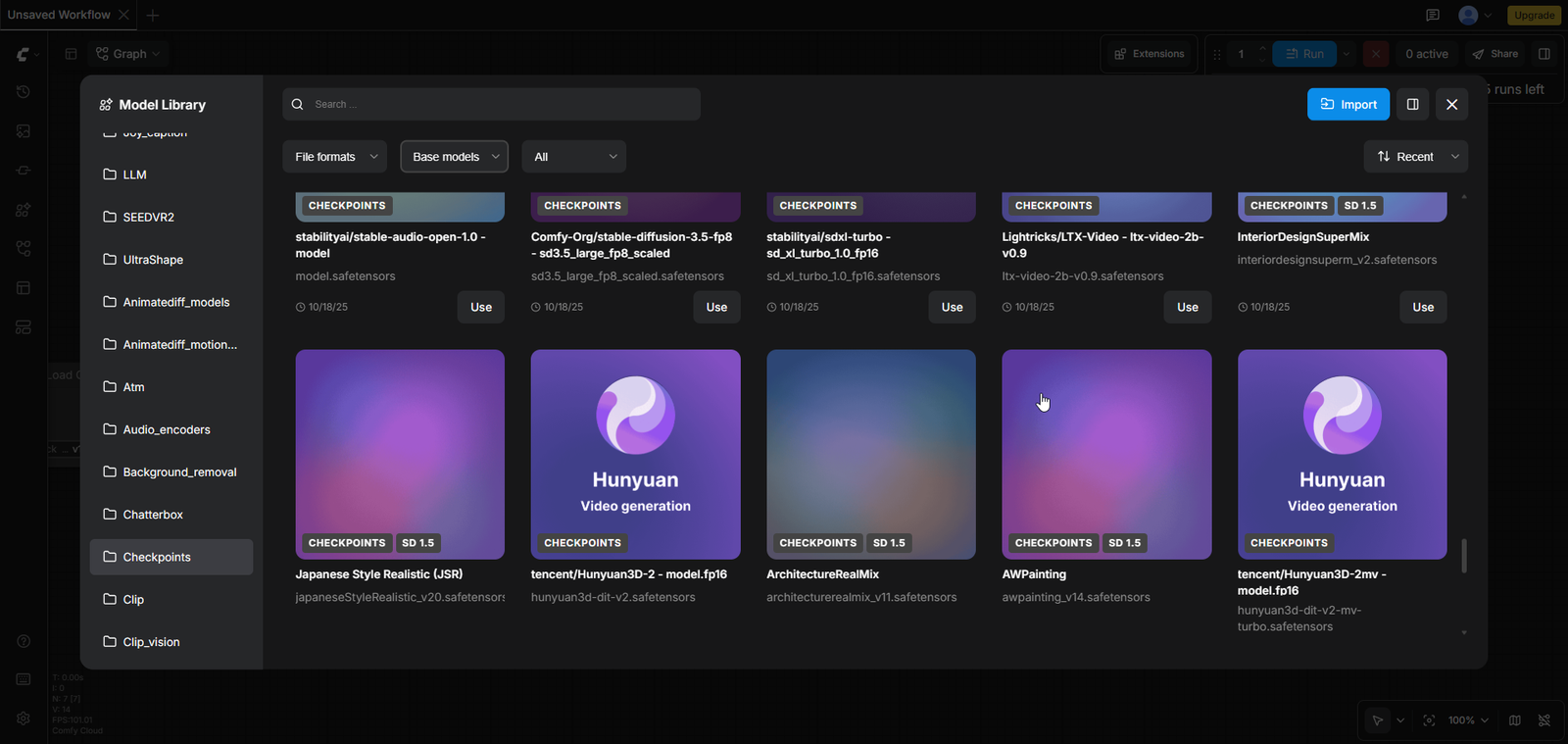 Comfy CloudのCheckpoints一覧。stabilityaiやComfy-Org配信のモデル、LTX-Video、Hunyuan3Dなどが並んでいる