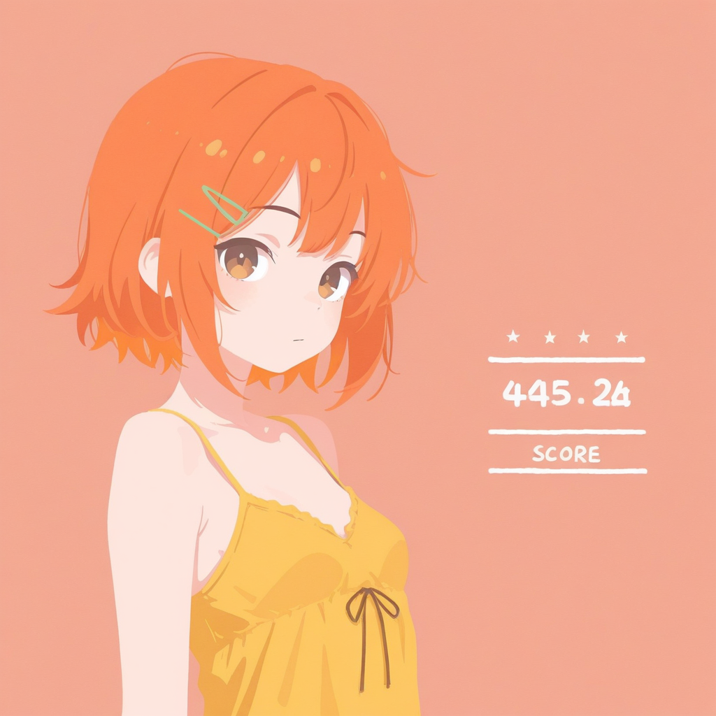 オレンジ髪ショートの少女のイラスト。右側に星4つとSCOREの文字、数字が描き込まれている