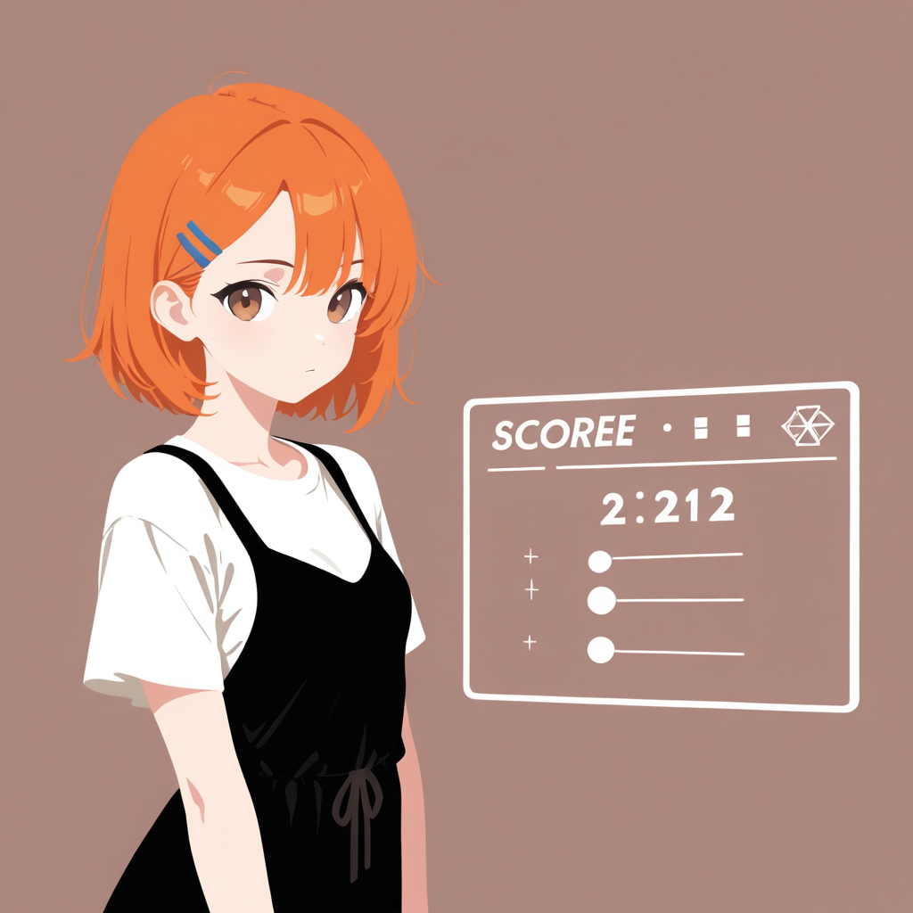 オレンジ髪ショートの少女のイラスト。白いシャツと黒いサロペット姿で、右側にSCOREEの文字と数字が描き込まれている