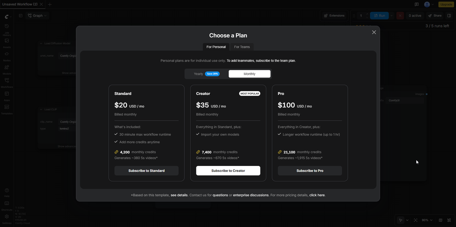 Comfy Cloudの料金モーダル。For Personalタブで Standard $20、Creator $35、Pro $100 の3プランが横並びに表示されている