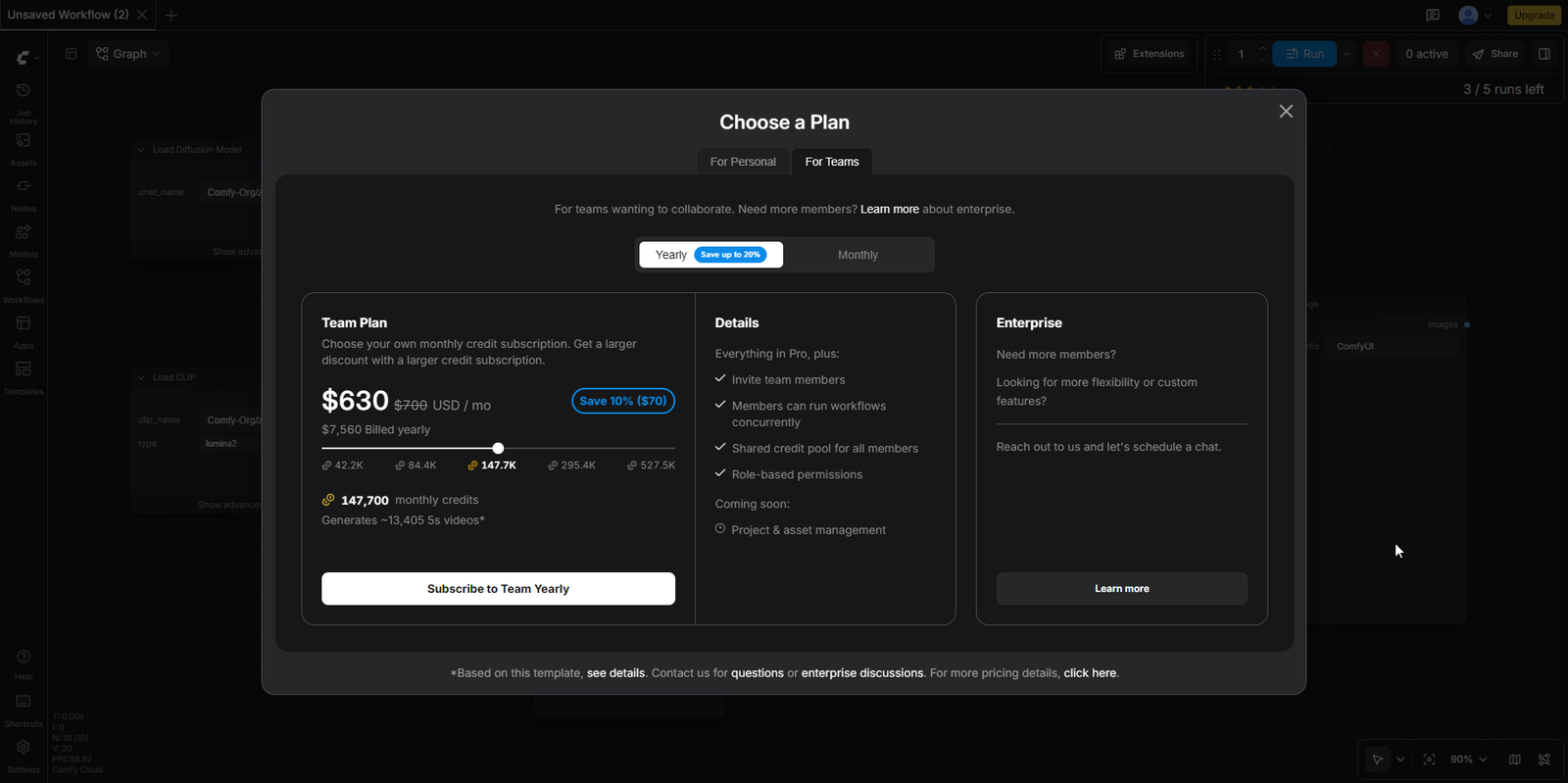 Comfy Cloudのチームプランを年払いに切り替えた画面。月額630ドル、Save 10%と表示され、年間7,560ドルの請求額が出ている