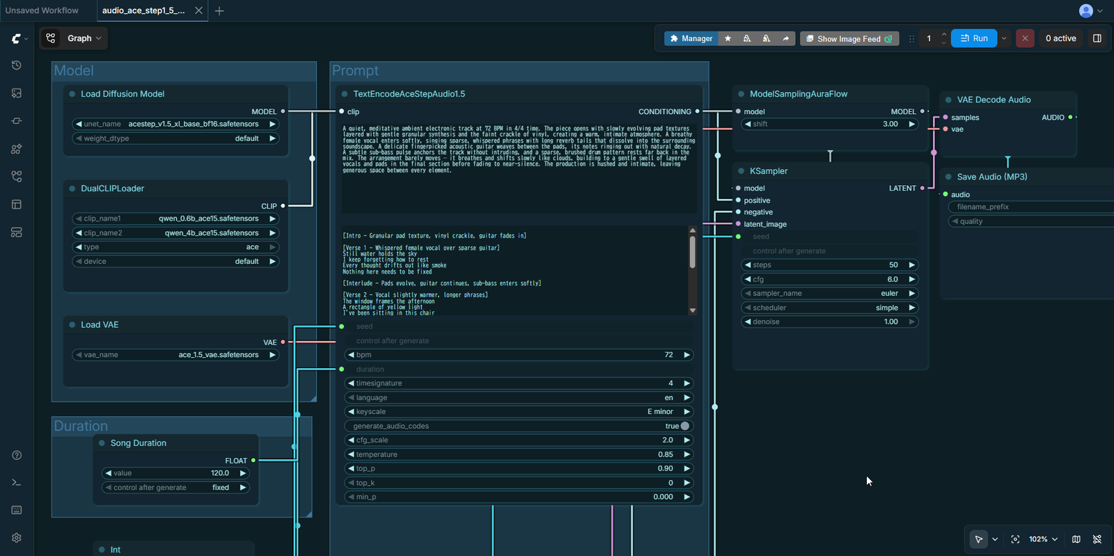ComfyUIのACE-Stepワークフロー。TextEncodeAceStepAudio1.5ノードにCaptionとLyricsをまとめて入力できる