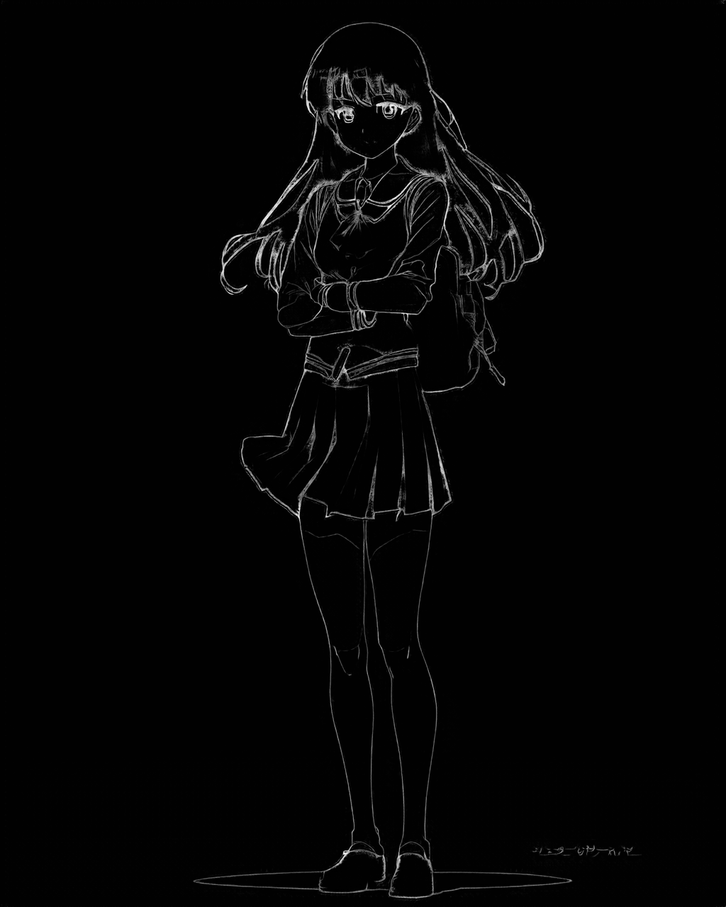 線画。白線・黒背景で描かれた腕組みの女の子