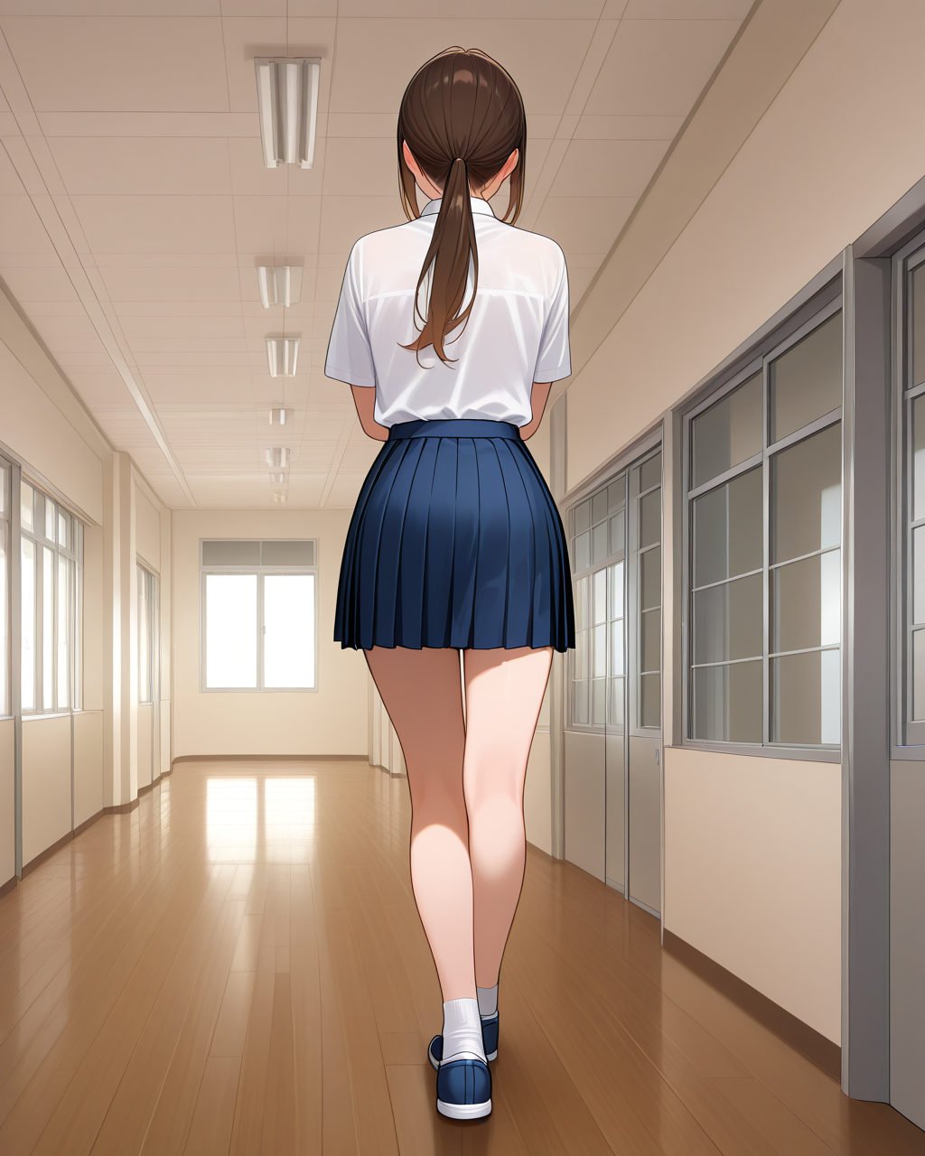 ポーズと深度を同時に使った生成結果。廊下の構図は深度どおりだが、キャラは後ろ向きになった