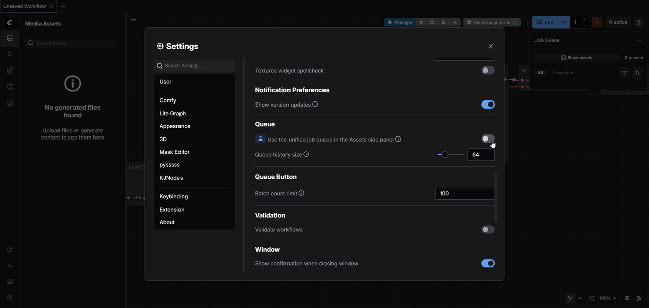 Queue設定のUse the unified job queue in the Assets side panelをONにする