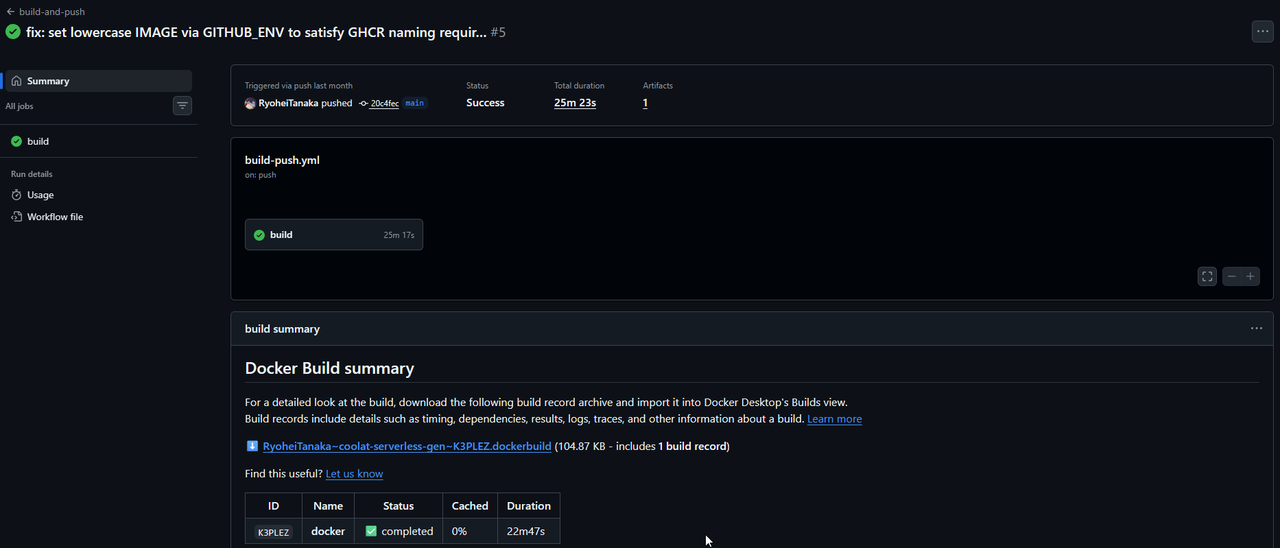 GitHub Actionsの実行サマリー画面。StatusがSuccess、Total durationが25分23秒と表示されている