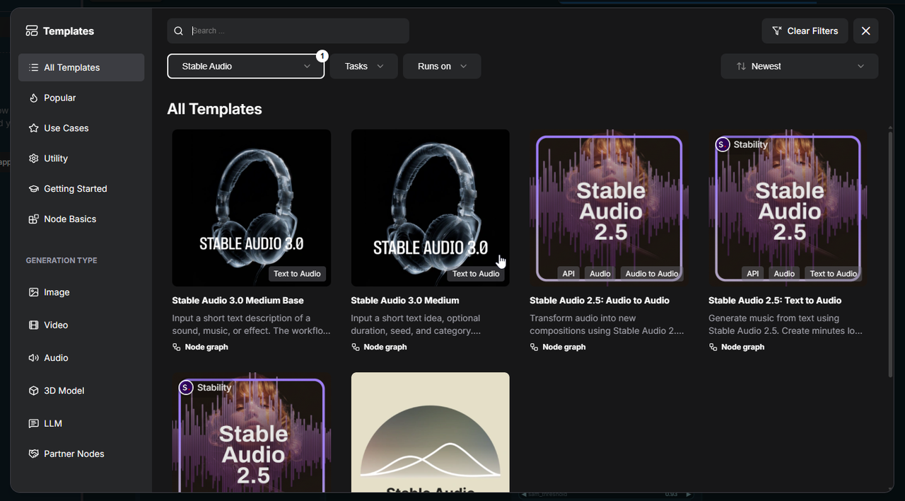 ComfyUIのAudioカテゴリにあるStable Audio 3テンプレート一覧