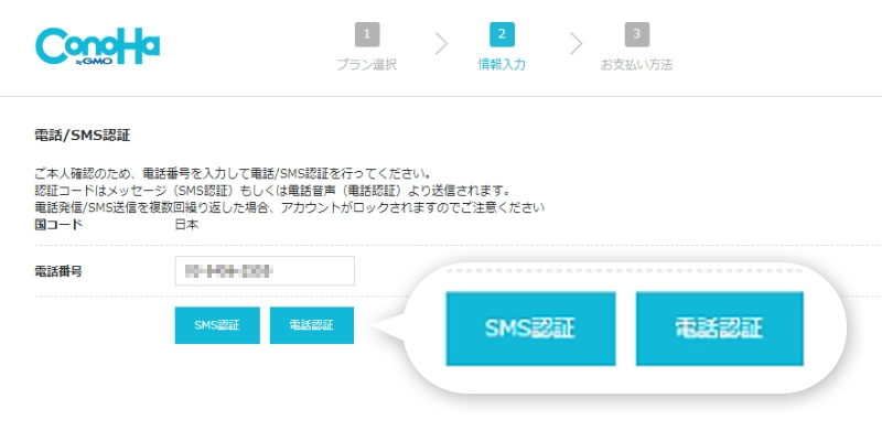 電話・SMS 認証画面
