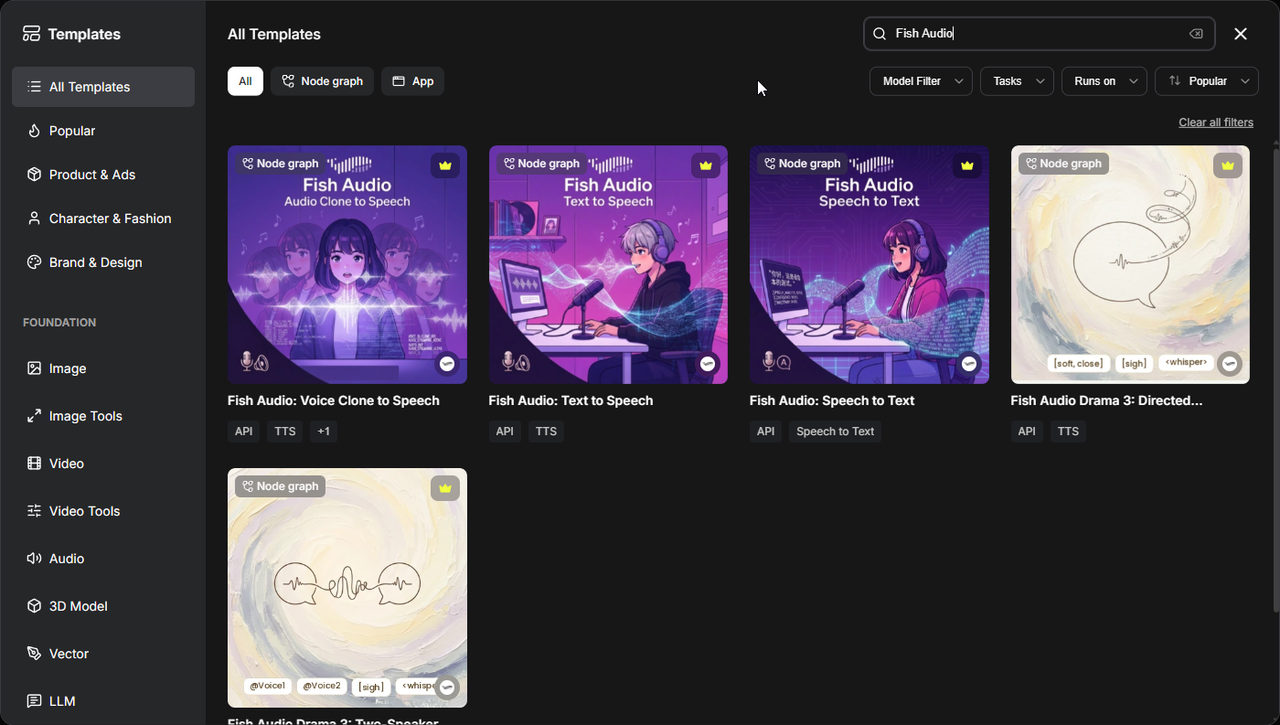 Comfy Cloudのテンプレート画面で「Fish Audio」と検索した結果。Voice Clone to Speech・Text to Speech・Speech to Textに加えて、Fish Audio Drama 3のDirectedとTwo-Speakerの2本が並んでいる