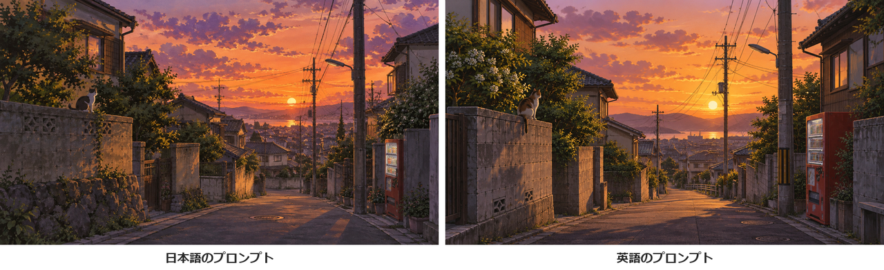 夕焼けの住宅街を坂の上から見下ろしたアニメ背景美術風の絵2枚。電柱と電線、自販機、塀の上の猫、紫の雲とオレンジの空が描かれている