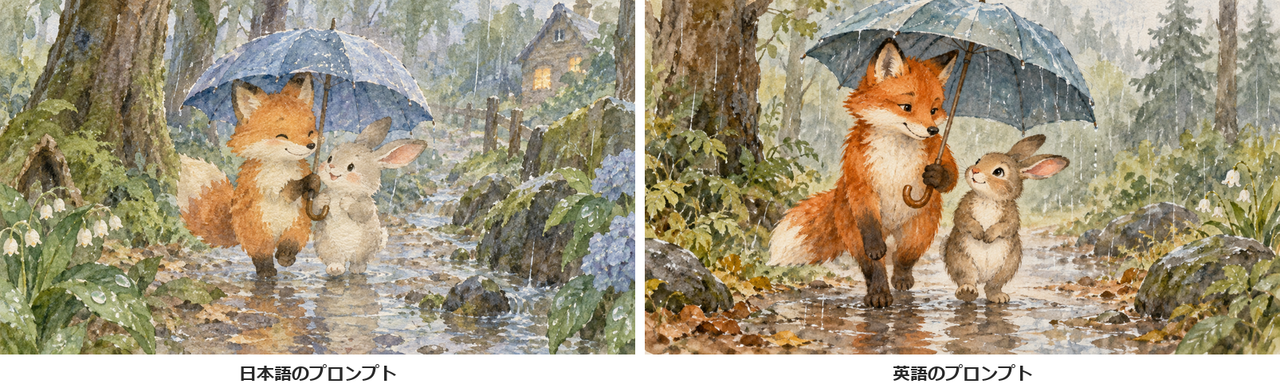 雨の森でキツネとウサギが1本の傘に入っている水彩画風の絵2枚。左は傘の柄を持つキツネの手がはっきりしない