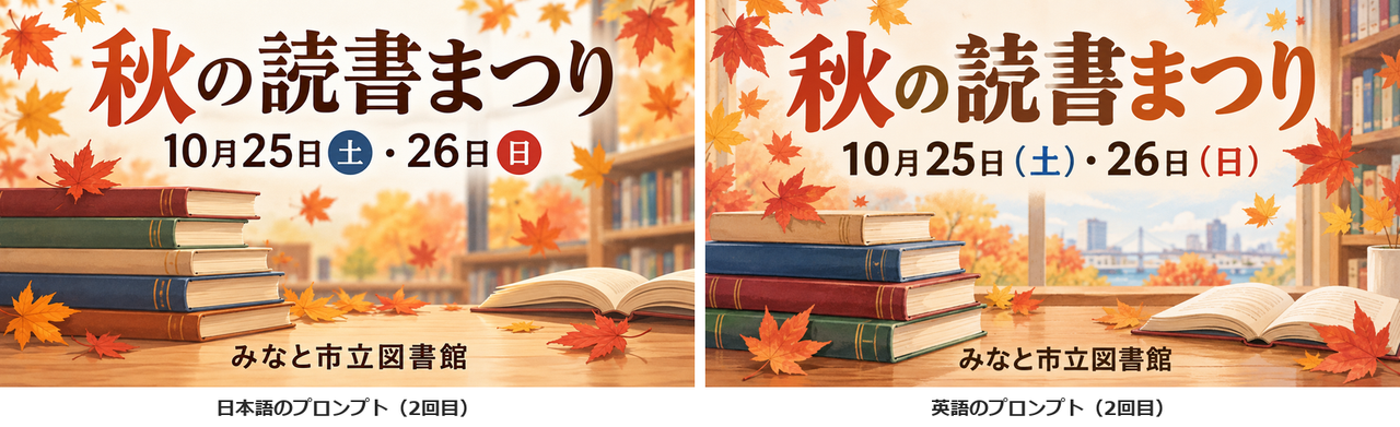 秋の読書まつりのポスター2枚。左は日付の土と日が括弧ではなく丸で囲まれ、右は見出しの読の字がかすれて崩れている