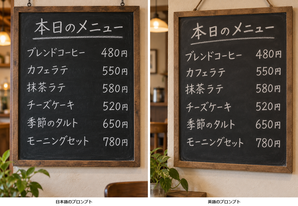 カフェの壁に掛かった黒板2枚。本日のメニューの下に、ブレンドコーヒー480円からモーニングセット780円まで6行の品名と価格がチョーク風の字で並ぶ