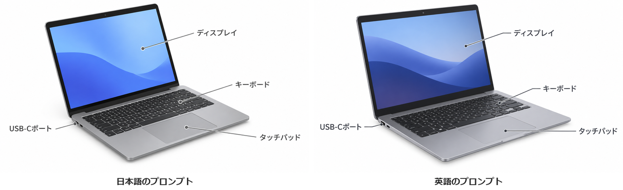 白背景に斜めから描いたノートパソコンの線画2枚。ディスプレイ、キーボード、タッチパッド、左側面のUSB-Cポートに引き出し線と日本語のラベルが付いている