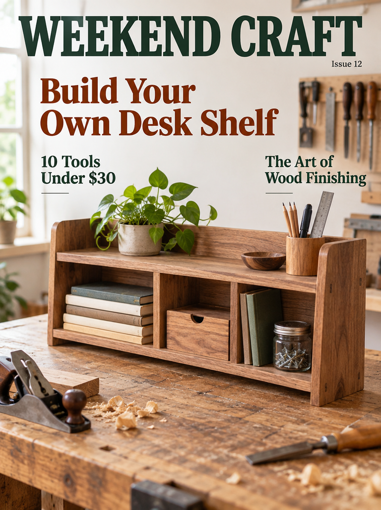 WEEKEND CRAFTという誌名の雑誌の表紙。作業台の木製の棚の写真に、Build Your Own Desk Shelfなどの英語の見出しが重なっている