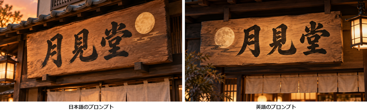 和菓子屋の木の看板に黒い筆文字で月見堂と書かれた絵2枚。看板の横に満月のモチーフがある