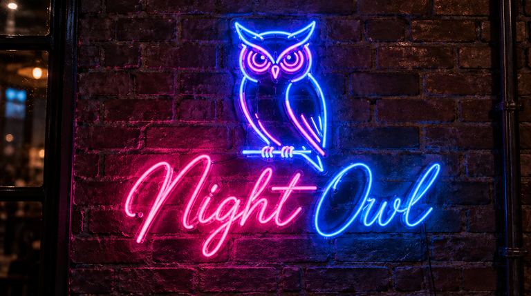 暗いレンガの壁に、ネオンのフクロウと、ピンクのNightと青のOwlの筆記体のネオン管が光る看板