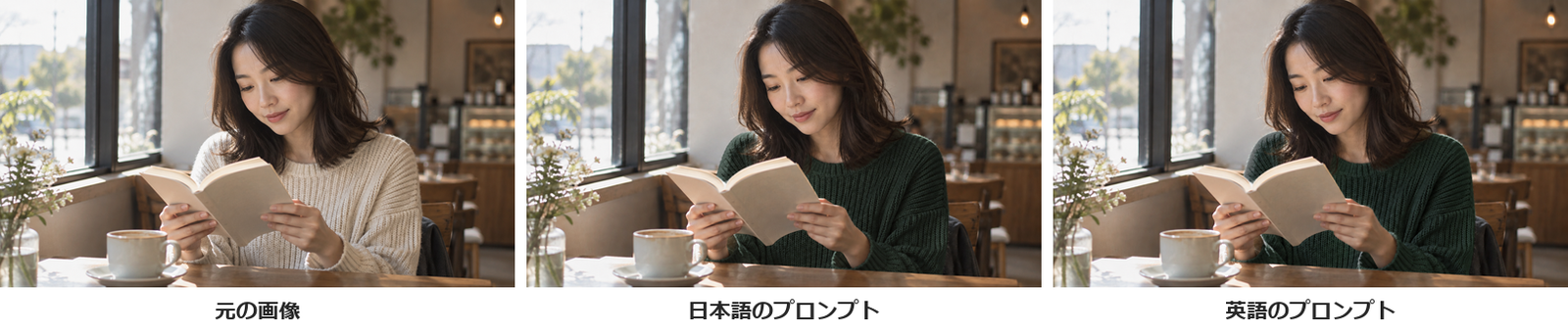 窓際で本を読む女性の写真3枚。左は元のクリーム色のセーター、中央と右は同じ構図のまま、セーターだけが深い緑色になっている