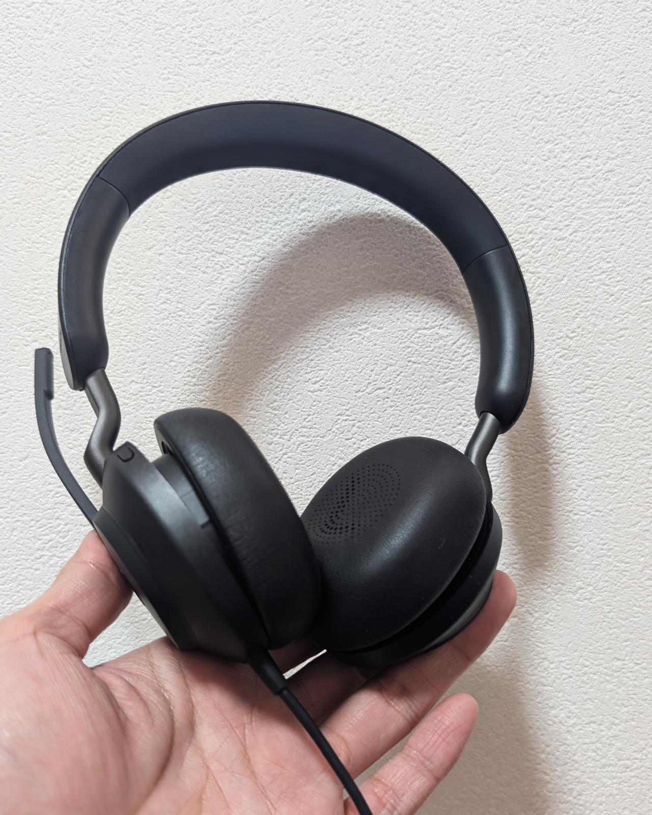 Jabra Evolve2 40 SE を手に持ったサイズ感