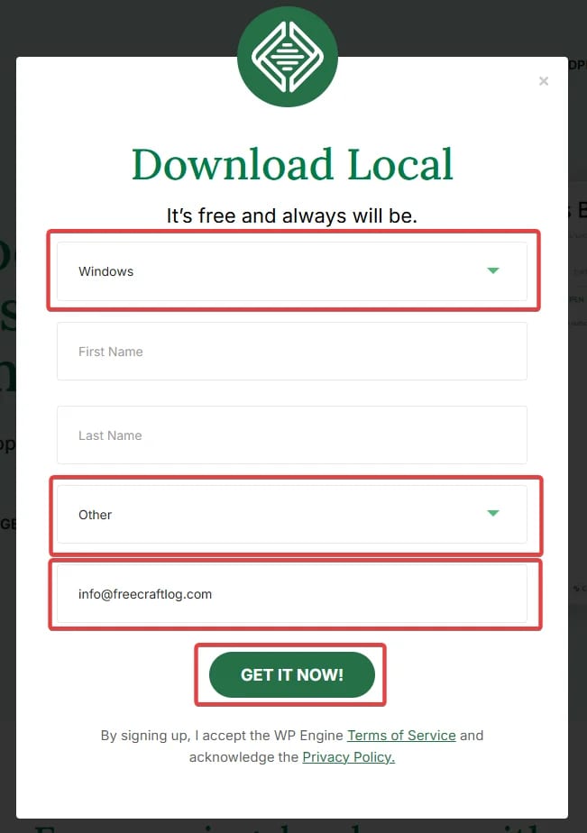 Local 必須項目を入力しインストーラーをダウンロード
