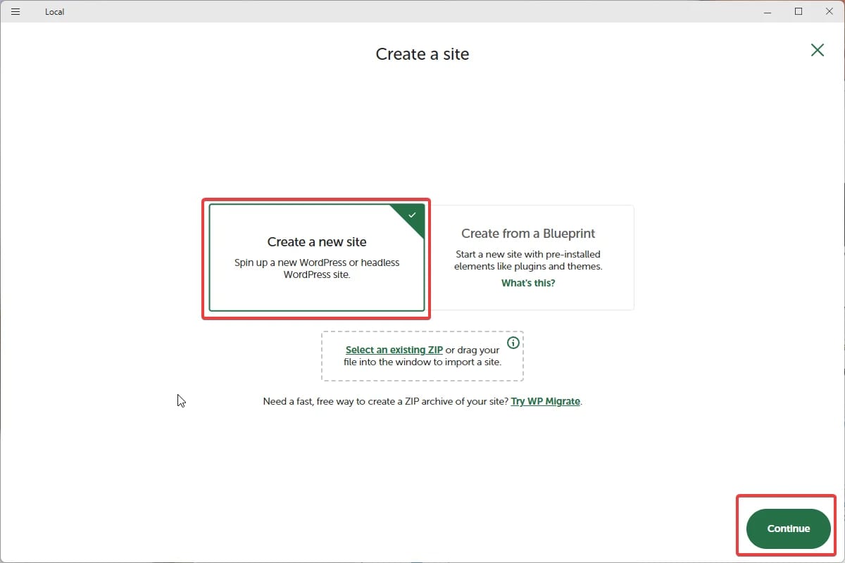LocalでWordPressサイトを構築 Create a new siteを選択しcontinueをクリック