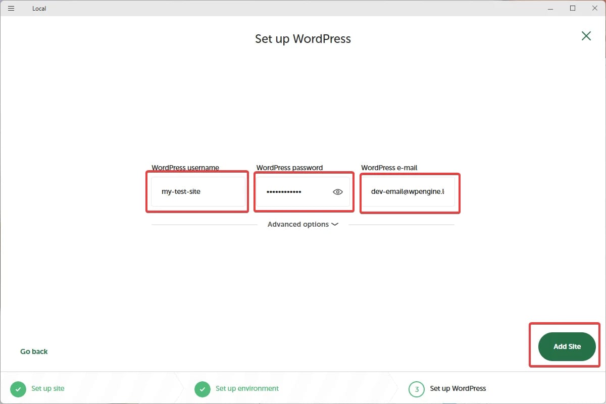 LocalでWordPressサイトを構築 WordPress 情報を設定