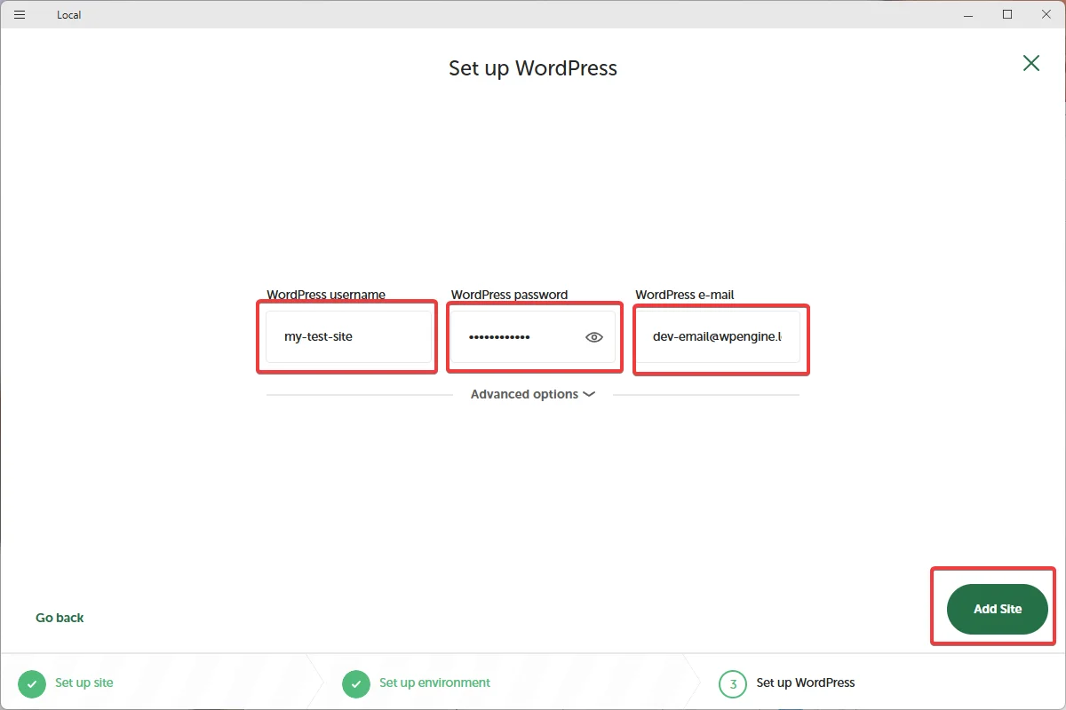 LocalでWordPressサイトを構築 WordPress 情報を設定