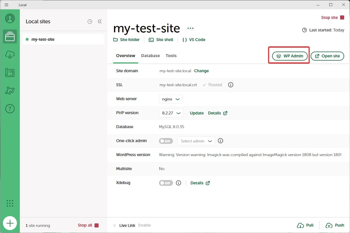 WordPress の初期設定 「WP Admin」ボタンをクリック