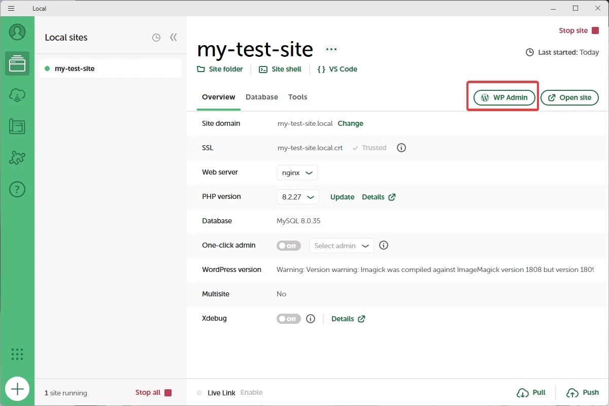 WordPress の初期設定（おすすめ設定） 「WP Admin」ボタンをクリック