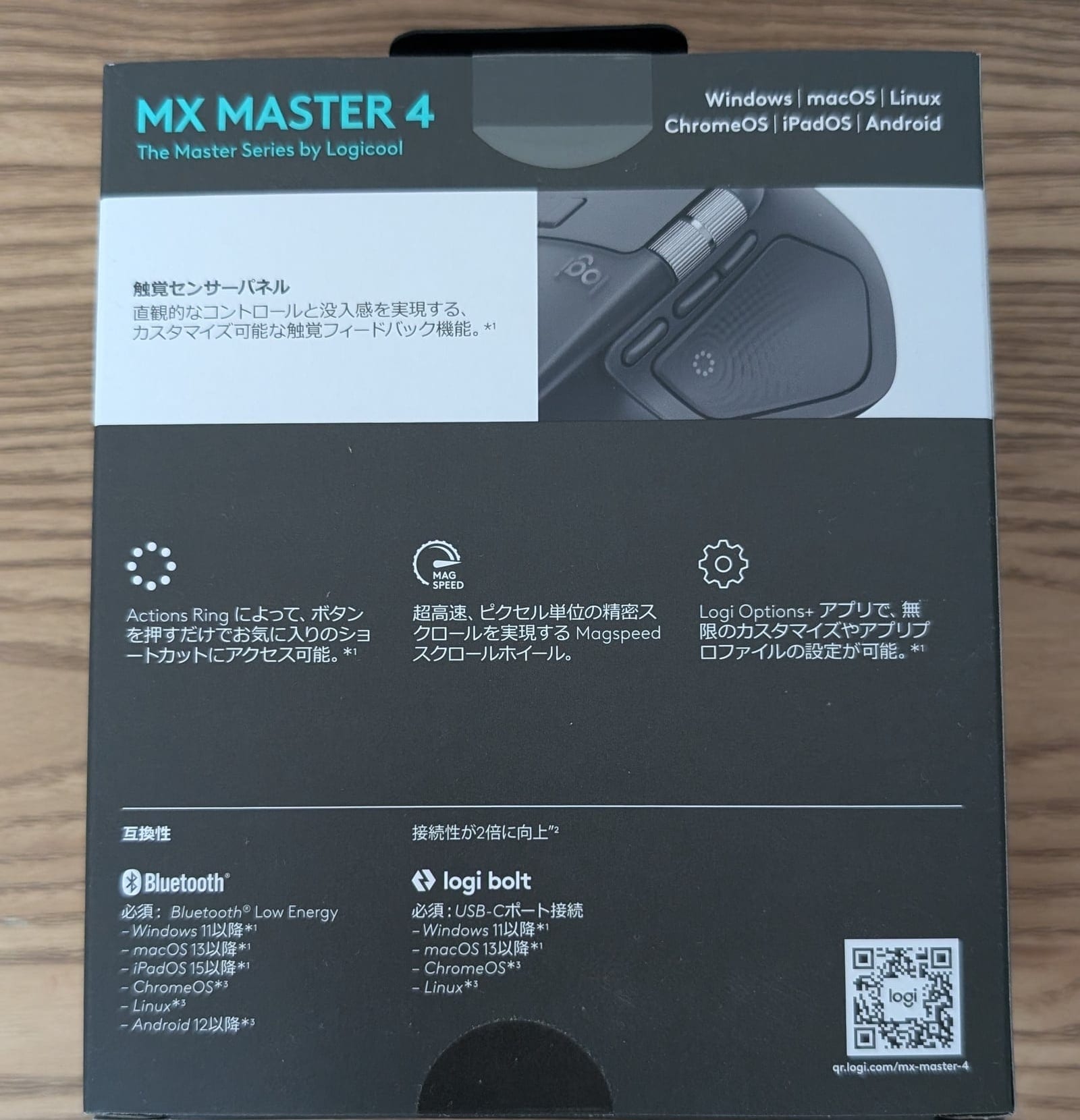 MX Master 4 パッケージ裏面の機能説明と対応OS