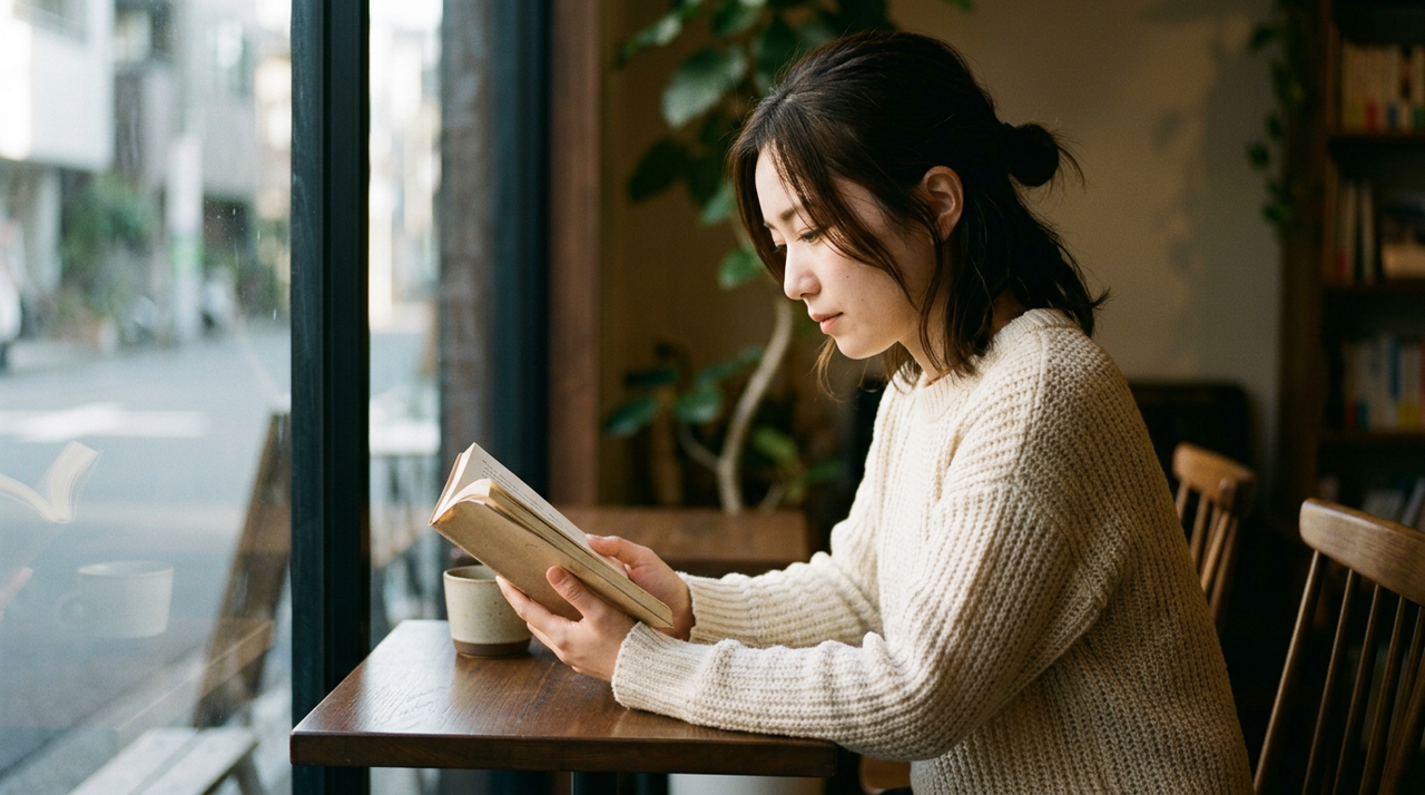 カフェの窓際の席で、クリーム色のニットを着た黒髪の女性が両手で文庫本を持って読んでいる横顔。左の窓から光が入り、背景の店内はぼけている