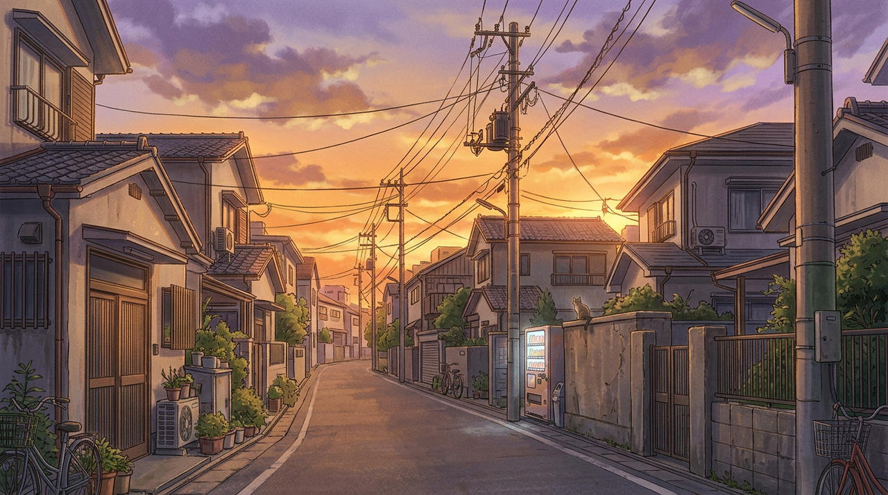 夕焼けで空がオレンジと紫に染まった住宅街の道。左右に家が並び、電柱と電線が奥へ続き、道ばたに自販機、塀の上に猫がいる。人はいない