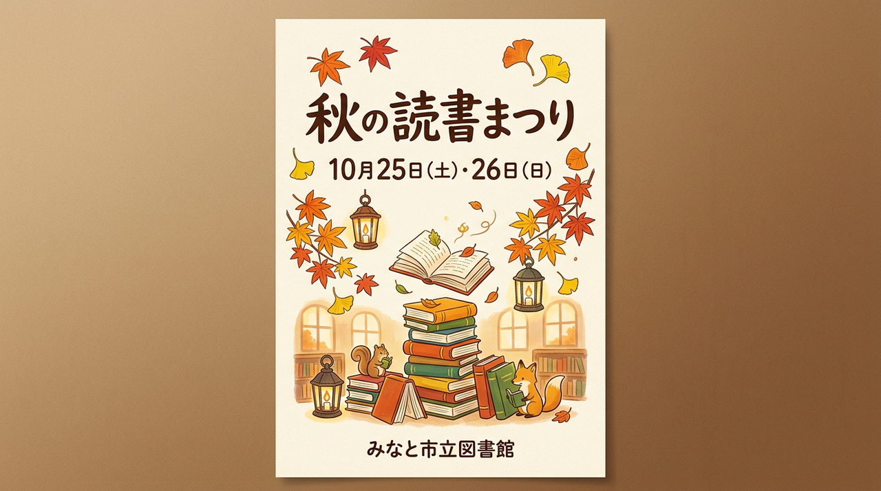 積み重ねた本と紅葉のイラストのポスター。上に秋の読書まつり、その下に10月25日（土）・26日（日）、下にみなと市立図書館と書かれている