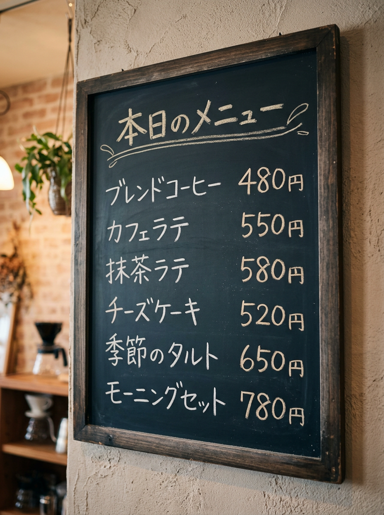 カフェの木の壁に掛かった黒板。本日のメニューの下に、ブレンドコーヒー480円からモーニングセット780円まで6行の品名と価格がチョーク風の字で並ぶ