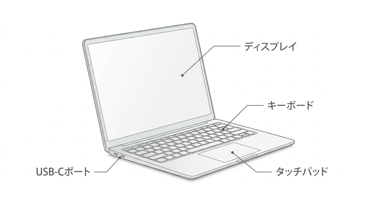 白背景に斜めから描いたノートパソコンの線画。ディスプレイ、キーボード、タッチパッド、左側面のUSB-Cポートに細い引き出し線と灰色の日本語ラベルが付いている