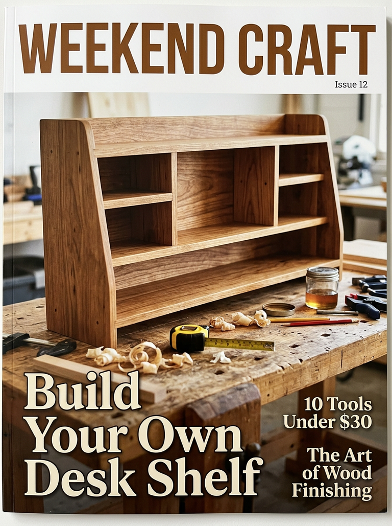 WEEKEND CRAFTという題字の雑誌の表紙。作業台に置かれた木製の棚の写真に、Build Your Own Desk Shelfなどの英語の見出しが重なっている