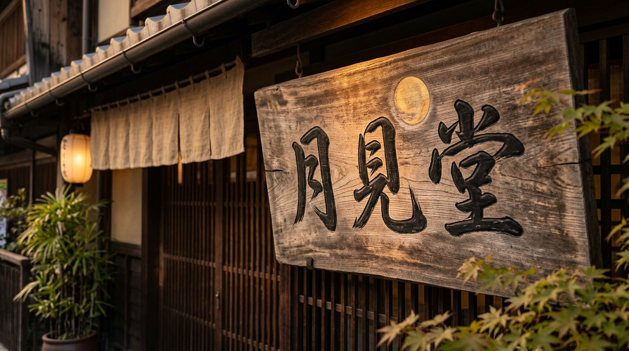 和菓子屋の軒先に掛かった木の看板に、黒い筆文字で月見堂。のれんと提灯があり、看板の左上に満月のマークが描かれている