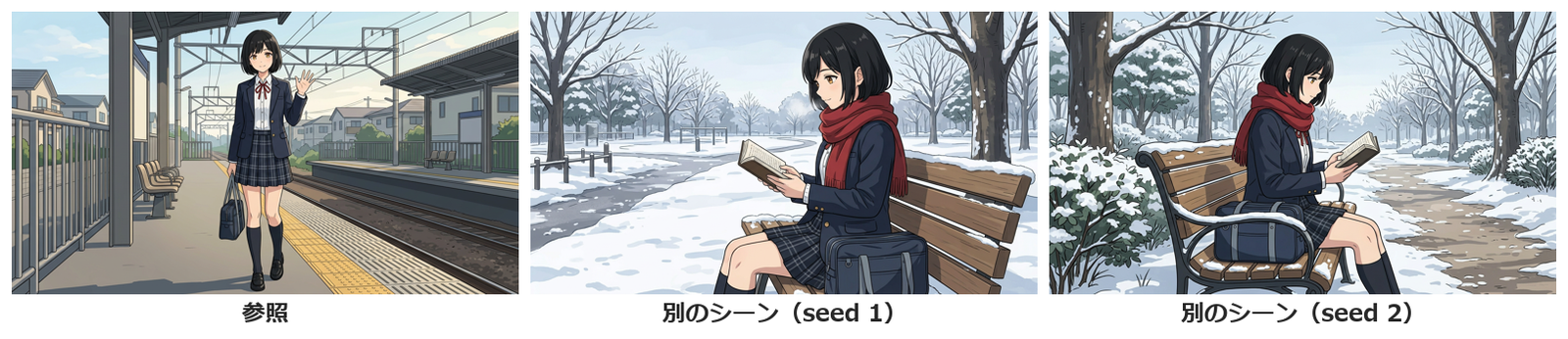 駅のホームの制服の女の子と、同じ女の子が雪の積もった公園のベンチでマフラーを巻いて本を読む2枚。黒いボブと紺のブレザーが共通している