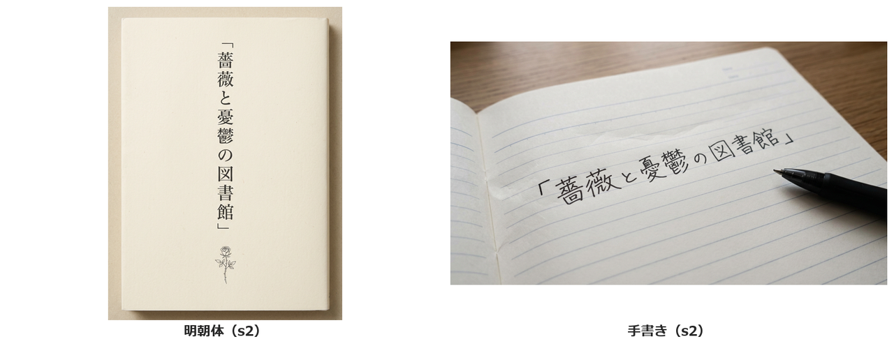 白い本の表紙の明朝体と、ノートのペン書きの2枚。どちらも薔薇と憂鬱の図書館の文字の前後に、かぎかっこが一緒に書かれている